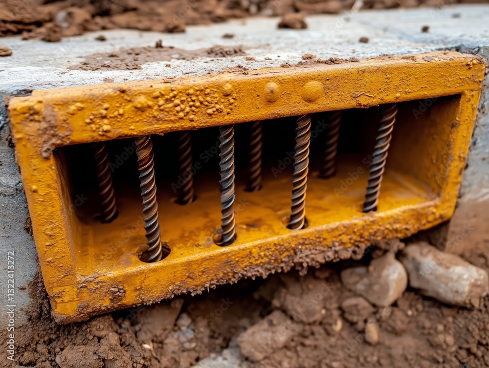 Construction Detail: An up-close, revealing perspective of a metallic, yellow construction component secured with sturdy metal rods, set on the earth, showcasing the texture, the construction.