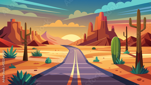 Minimalist Desert Landscape with Narrow Road and Cacti in Flat Vector Style 