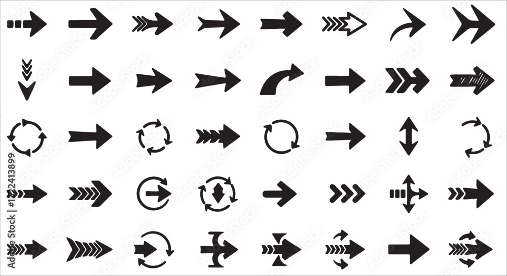 Black and white arrow icon set with various directions and symbols
