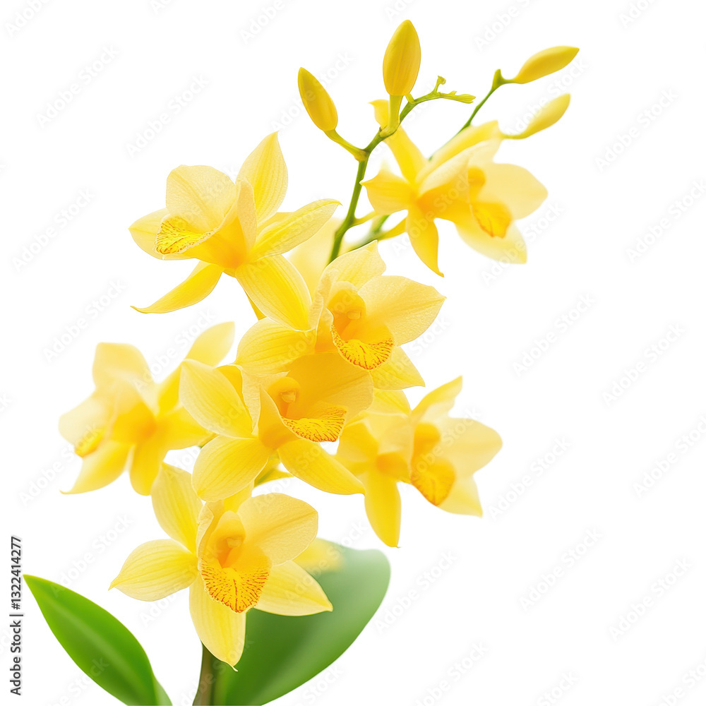 Obraz premium Stunning closeup of vibrant yellow Dendrobium orchid in high resolution, Closeup view beautiful yellow Dendrobium orchid in Thailand on Transparent background