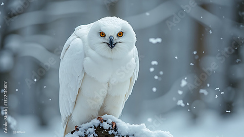 A large, white Snowy Owl with piercing yellow eyes, perched on a snow-covered branch in a wintery forest.