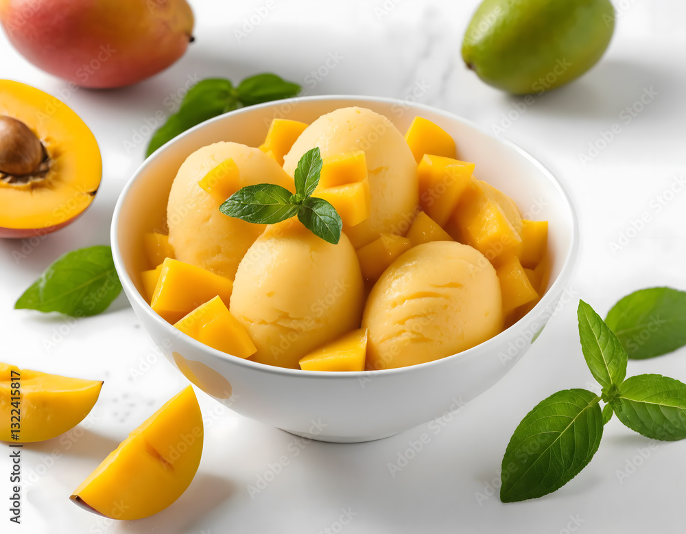 Fresh Mango Sorbet with Mint Leaves and Sliced Mango Fresh Mango Sorbet with Mint Leaves and Sliced Mango