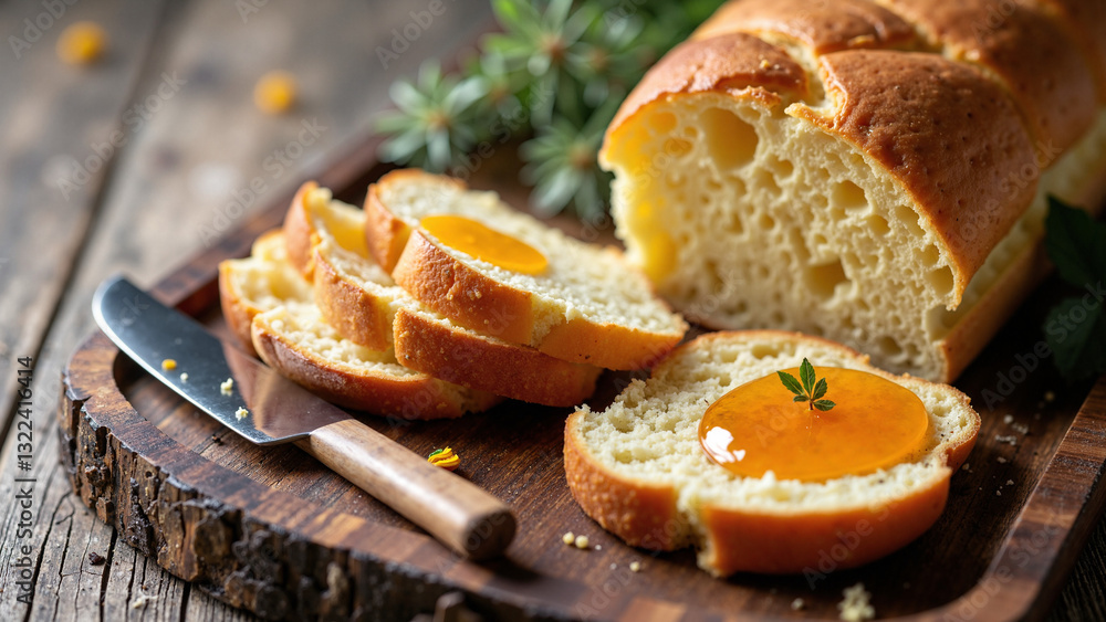 Charming Presentation of Sweet Brioche Bread with Marmalade on Rustic Tray for Easter Celebrations and Food Marketing Charming Presentation of Sweet Brioche Bread with Marmalade on Rustic Tray for Easter Celebrations and Food Marketing