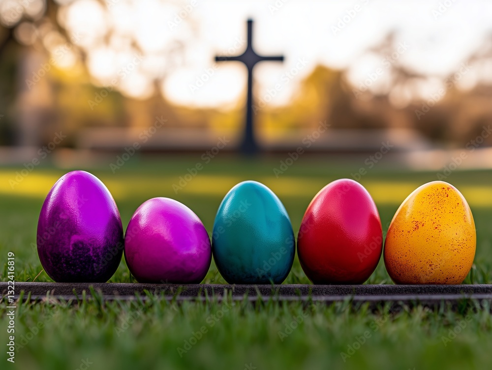 Easter Eggs and Cross: A vibrant row of colorful Easter eggs basks in the warm sunlight, set against a serene backdrop of a grass lawn and a Christian cross. Capturing the essence of springtime, hope.