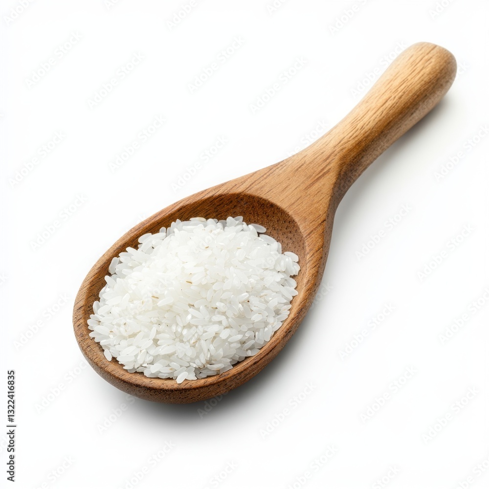 wooden spoon with rice isolated on white background wooden spoon with rice isolated on white background