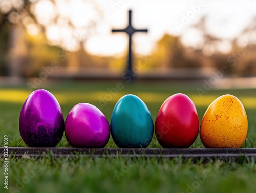 Obraz na płótnie Easter Eggs and Cross: A vibrant row of colorful Easter eggs basks in the warm sunlight, set against a serene backdrop of a grass lawn and a Christian cross. Capturing the essence of springtime, hope. w salonie