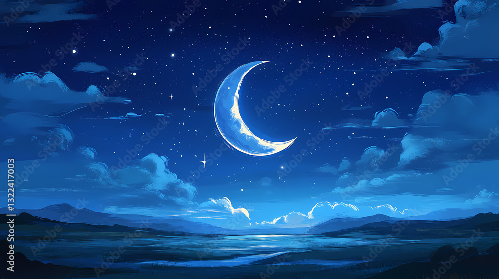 Obraz premium Crescent moon gentle breeze moonlit evening peaceful night calm surroundings soft whispers starlit sky moonbeam illustration. Moonbeam Whispers. Illustration