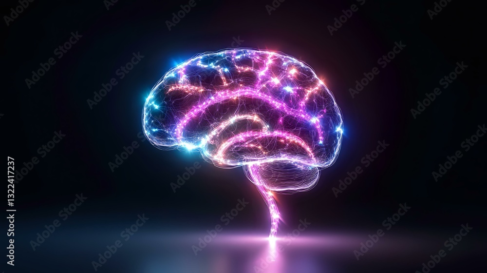 Glowing neon brain silhouette with electric lightning effect in pink and blue colors on dark background, neural network and artificial intelligence concept. Glowing neon brain silhouette with electric lightning effect in pink and blue colors on dark background, neural network and artificial intelligence concept.