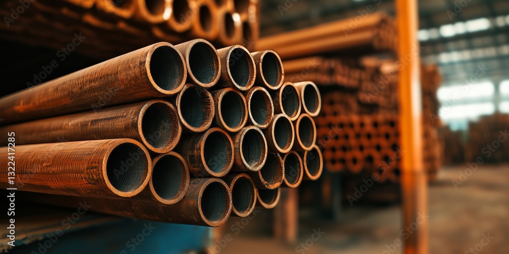 Steel Pipes: A collection of new steel pipes, carefully stacked and arranged, symbolizing industry and manufacturing. Capturing the metallic texture, the order, and the potential.