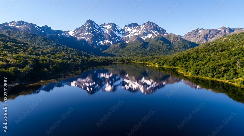 Majestic snow-capped mountain peaks reflecting in calm blue lake waters surrounded by lush green forest slopes, creating mirror-like symmetry in pristine wilderness.