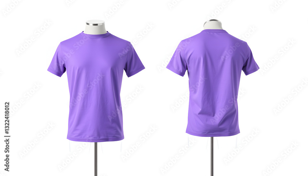 Men's violet blank T-shirt template,from two sides, natural shape on invisible mannequin, for your design mockup for print, isolated on white background. White tone Men's violet blank T-shirt template,from two sides, natural shape on invisible mannequin, for your design mockup for print, isolated on white background. White tone