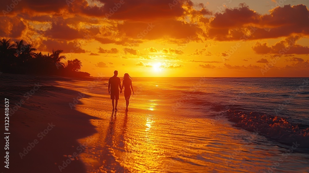 Fototapeta premium Romantic silhouette of couple walking on tropical beach at warm sunset