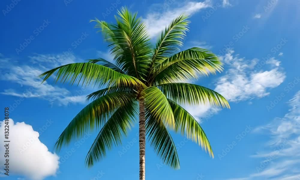 A stunning palm tree stands tall against a bright blue sky, adorned with fluffy clouds. Its lush green fronds create a tropical atmosphere in any serene landscape. A stunning palm tree stands tall against a bright blue sky, adorned with fluffy clouds. Its lush green fronds create a tropical atmosphere in any serene landscape.