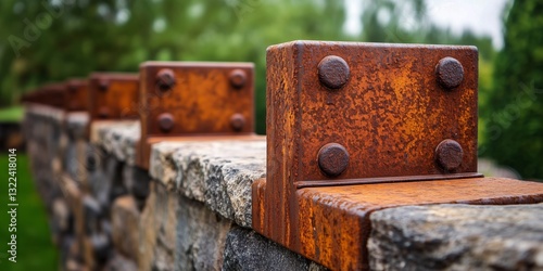 Obraz na płótnie Rusty Metal Embellishment on Stone Wall: This image showcases a close-up shot of an old stone wall adorned with several weathered rusty metal accents. w salonie