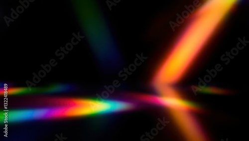 Blurred rainbow refraction overlay effect. Light lens prism effect on black background. Holographic reflection, crystal flare leak shadow overlay. Colorful rainbow disco ball light