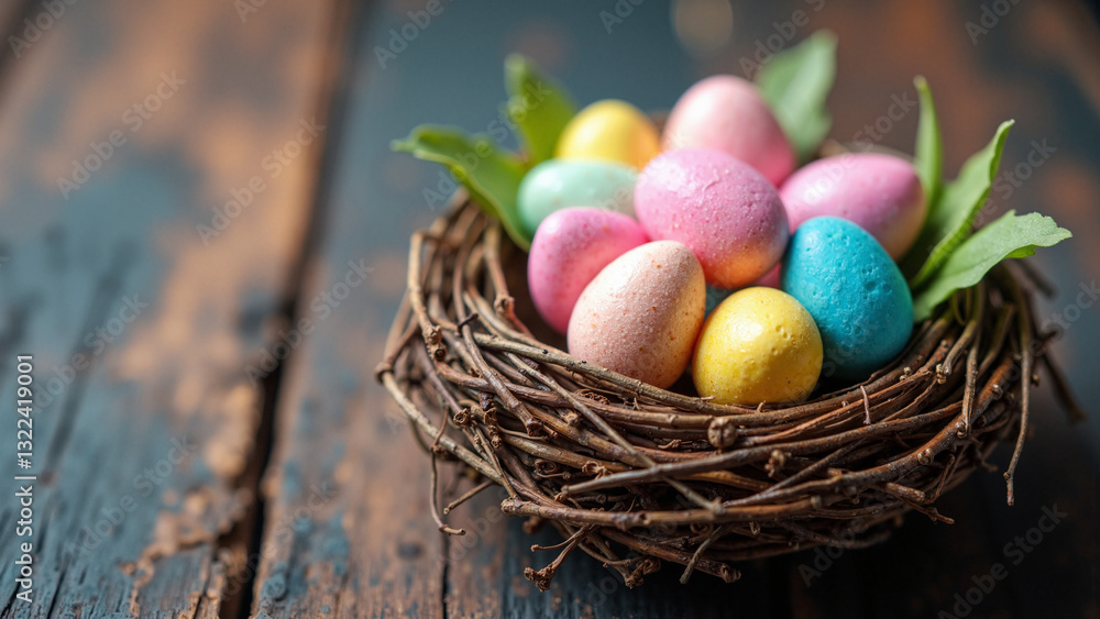 Colorful Candy Easter Eggs Nestled in a Rustic Bird's Nest on Dark Wood Background - Perfect for Easter Promotions and Celebrations Colorful Candy Easter Eggs Nestled in a Rustic Bird's Nest on Dark Wood Background - Perfect for Easter Promotions and Celebrations