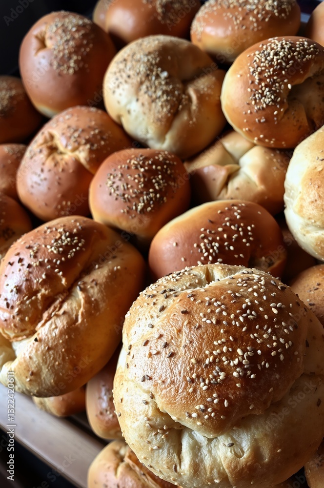 Freshly Baked Sesame Seed Rolls Piled High in a Rustic Bakery Freshly Baked Sesame Seed Rolls Piled High in a Rustic Bakery