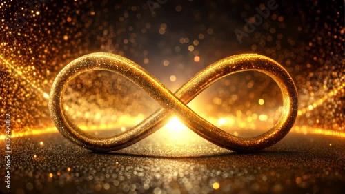 Glowing golden infinity symbol floats against dark reflective surface Mystical aura radiates eternal energy Business concept Limitless potential, eternal growth. Spiritual occasions, meditation center