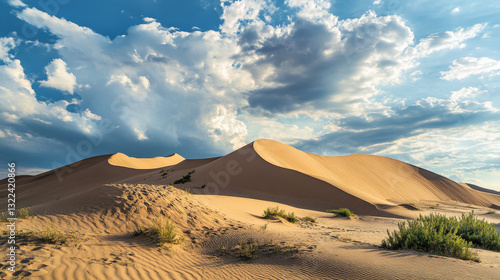 Majestic sand dunes rise against a cloudy sky in Kazakhstanâ€™s Altyn-Emel National Park, home to the famous singing dunes