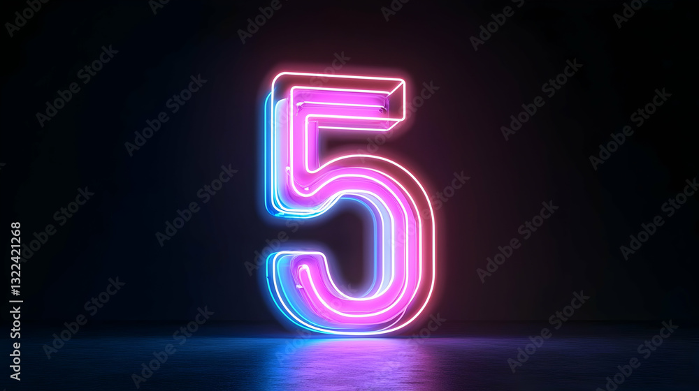 A Pink and Blue Neon Number Five Sign Glowing on a Dark Reflective Surface A Pink and Blue Neon Number Five Sign Glowing on a Dark Reflective Surface