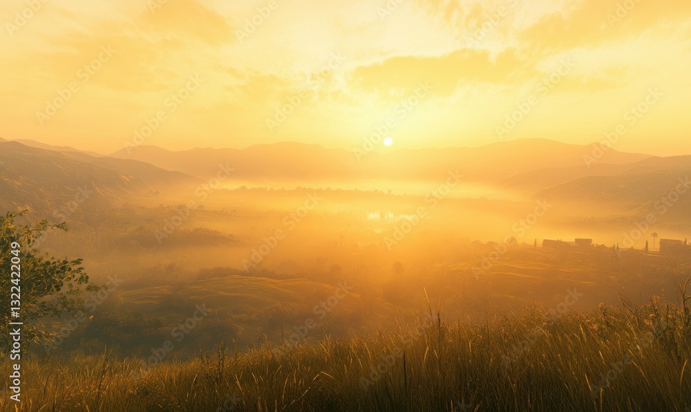 Scenic sunrise over rolling hills with mist softly glowing under warm golden light, creating a tranquil and inspiring landscape Scenic sunrise over rolling hills with mist softly glowing under warm golden light, creating a tranquil and inspiring landscape