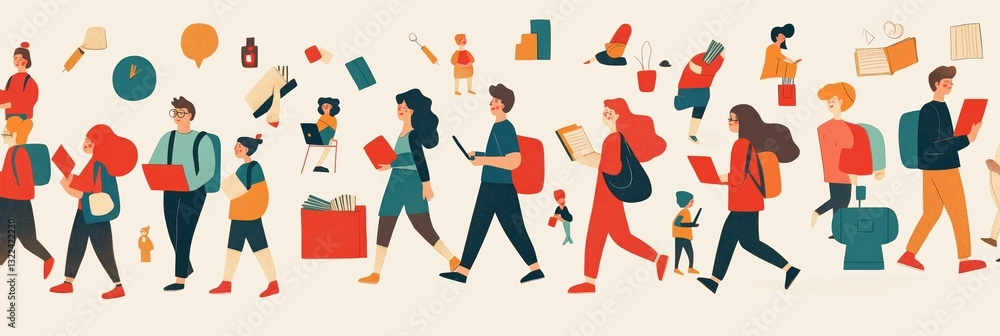 Illustration of diverse people using technology, gadgets, mobile devices, laptops, smartphones, connected walking individuals. Illustration of diverse people using technology, gadgets, mobile devices, laptops, smartphones, connected walking individuals.