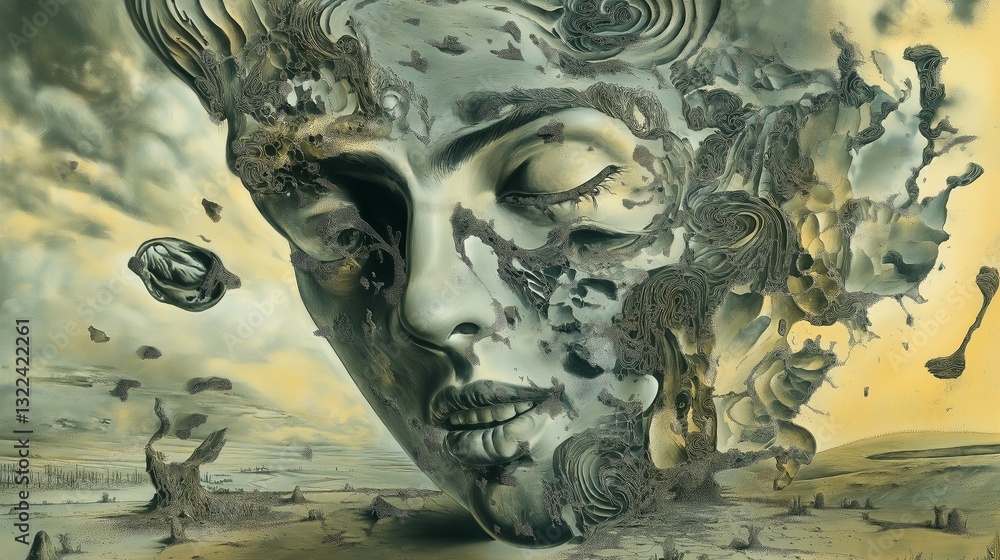 Surreal artwork depicting an abstract face with nature elements blending into the features Surreal artwork depicting an abstract face with nature elements blending into the features