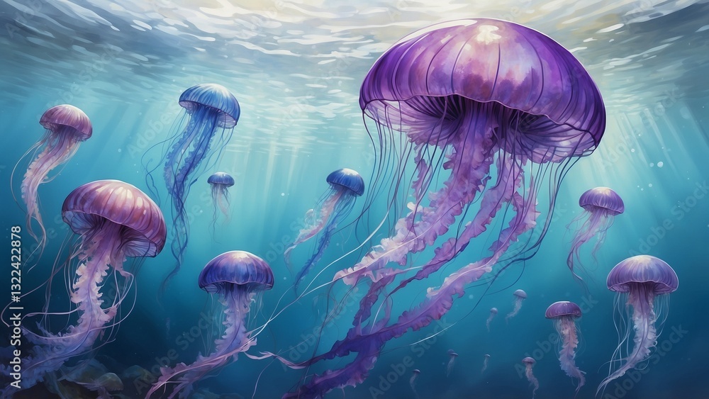 Glowing jellyfish underwater, a lot of copy space, fantasy art Glowing jellyfish underwater, a lot of copy space, fantasy art