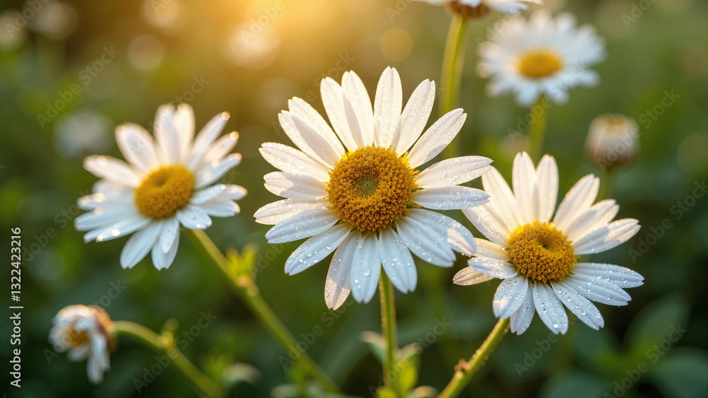 Close-Up of Delicate Chamomile Flowers with Dew Drops, Perfect for Health and Wellness Marketing, Gardening Blogs, and Seasonal Promotions Close-Up of Delicate Chamomile Flowers with Dew Drops, Perfect for Health and Wellness Marketing, Gardening Blogs, and Seasonal Promotions