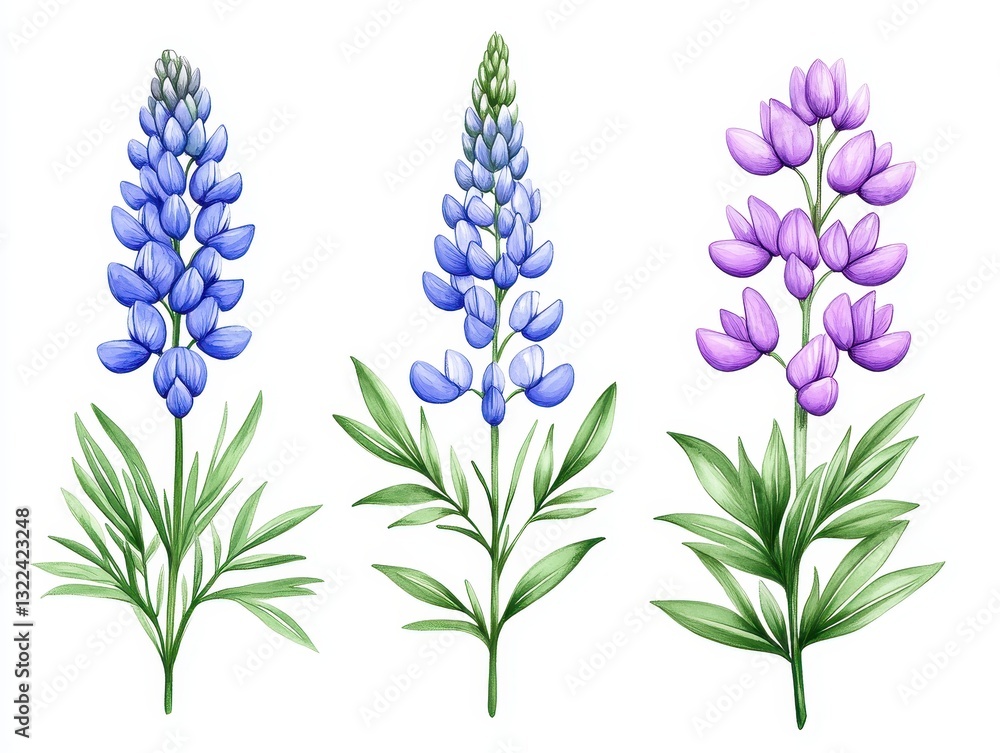 Obraz premium Vibrant illustration of three types of lupine flowers with lush green leaves