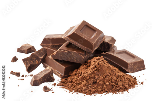 High-quality close-up of rich dark chocolate chunks with cocoa powder, isolated on a white background