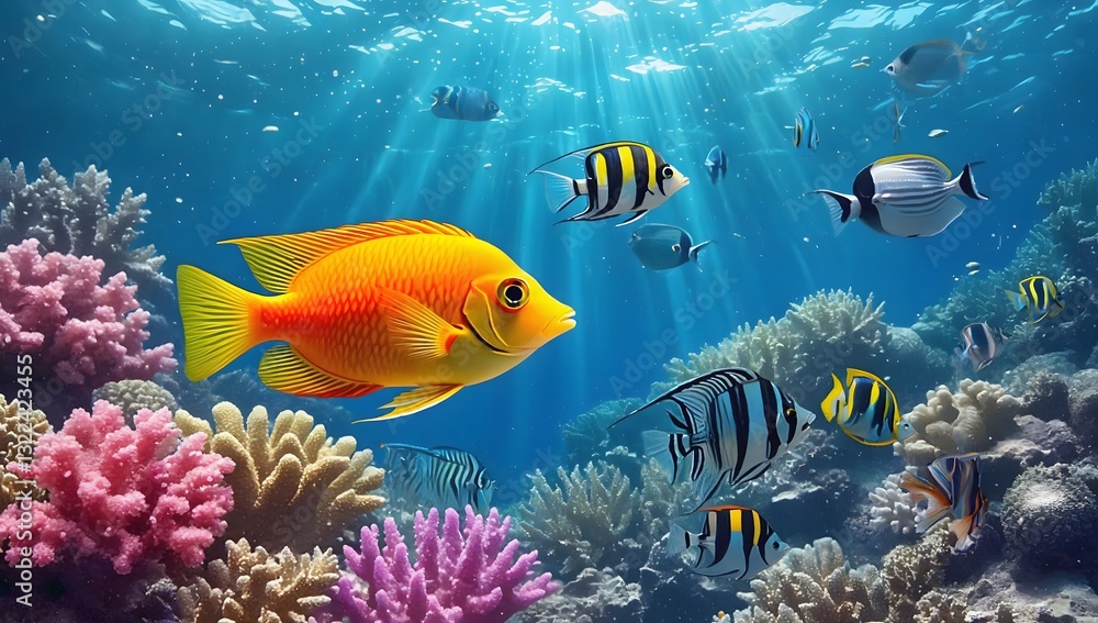 Fototapeta premium A coral reef with many different colored fish and corals