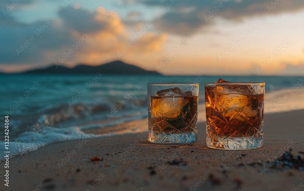 Relaxing evening by the beach with two glasses of refreshing cocktails at sunset Relaxing evening by the beach with two glasses of refreshing cocktails at sunset