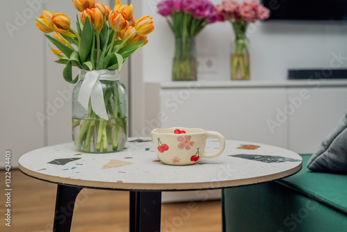 Wallpaper Mural A patterned cup on a living room table with flowers Torontodigital.ca