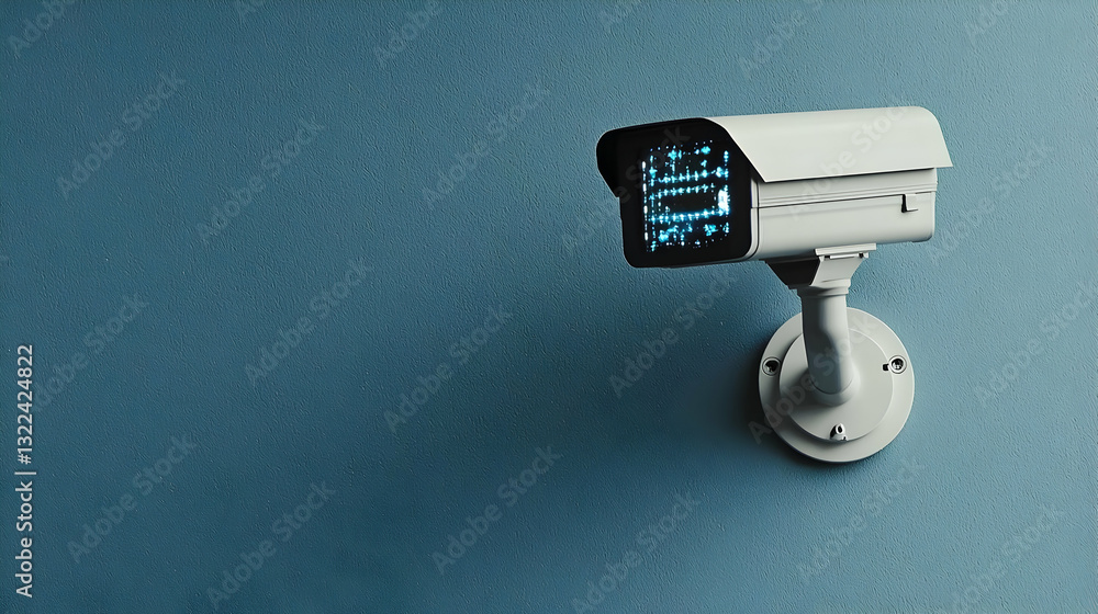 White Security Camera Mounted On A Textured Blue Wall With Glowing Digital Display Showing Data Transmission In A Modern Surveillance System White Security Camera Mounted On A Textured Blue Wall With Glowing Digital Display Showing Data Transmission In A Modern Surveillance System