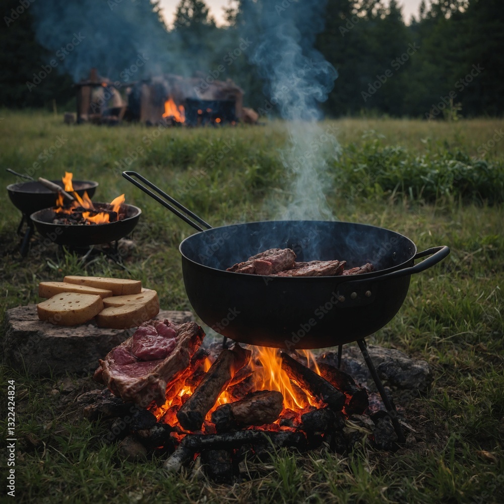 The charm of cooking meat outdoors while enjoying the scenery The charm of cooking meat outdoors while enjoying the scenery