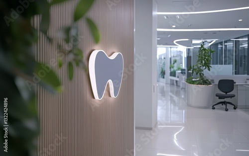 Modern dental clinic interior featuring a logo and plants in a bright, spacious environment