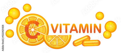 Vitamin C citrus medical pill capsule, pharmacy multivitamin medicine tablet. Chemical medicament with orange or lemon fruit. Healthy diet food supplement. Health care. Medication package sign. Vector