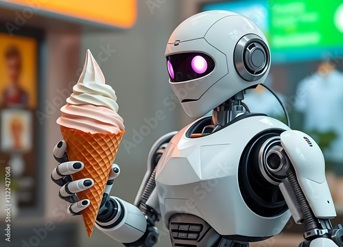 A robotic figure holding a swirl ice cream cone, blending elements of futuristic technology with a playful twist, symbolizing the intersection of AI and everyday life.