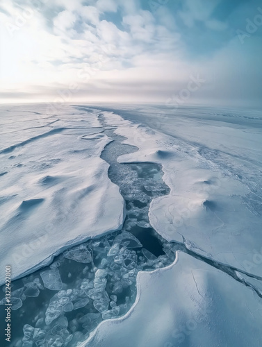 Arctic Landscape Aerial View: Exploring the Vastness and Serenity of Frozen Water and Coastal Ice Formations in Polar Regions