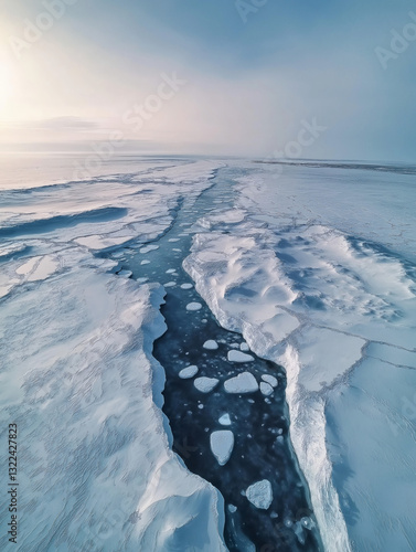 Frozen Tranquility: Aerial View of Arctic Icebergs and Glaciers in an Expansive Polar Landscape