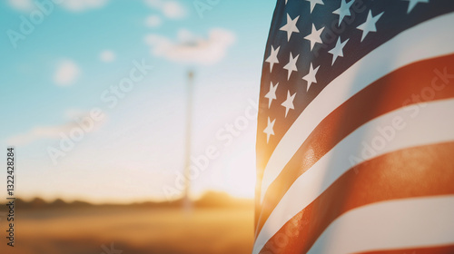 Vibrant United States Flag with Stars and Stripes in Blue Sky photo