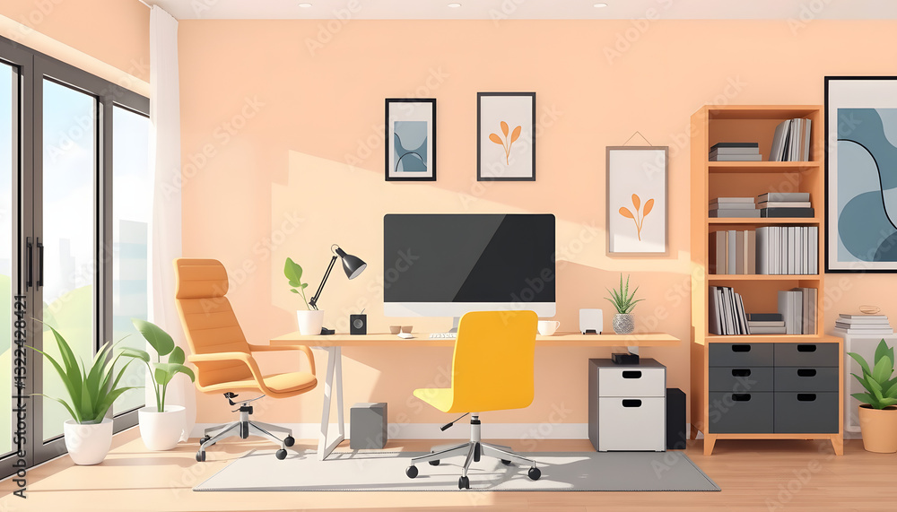 Modern home office workspace with a computer mockup. White tone Modern home office workspace with a computer mockup. White tone