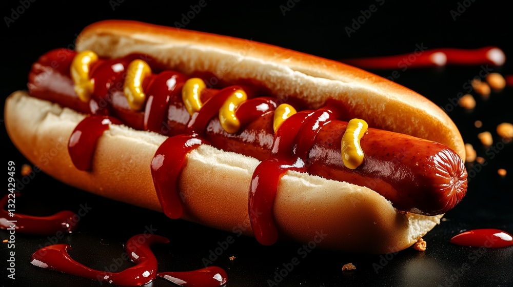 All-American Hot Dog: Sizzling perfection, a classic hot dog nestled in a toasted bun, adorned with vibrant streaks of ketchup and mustard, an icon of American cuisine.