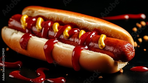 Obraz na płótnie All-American Hot Dog: Sizzling perfection, a classic hot dog nestled in a toasted bun, adorned with vibrant streaks of ketchup and mustard, an icon of American cuisine. w salonie