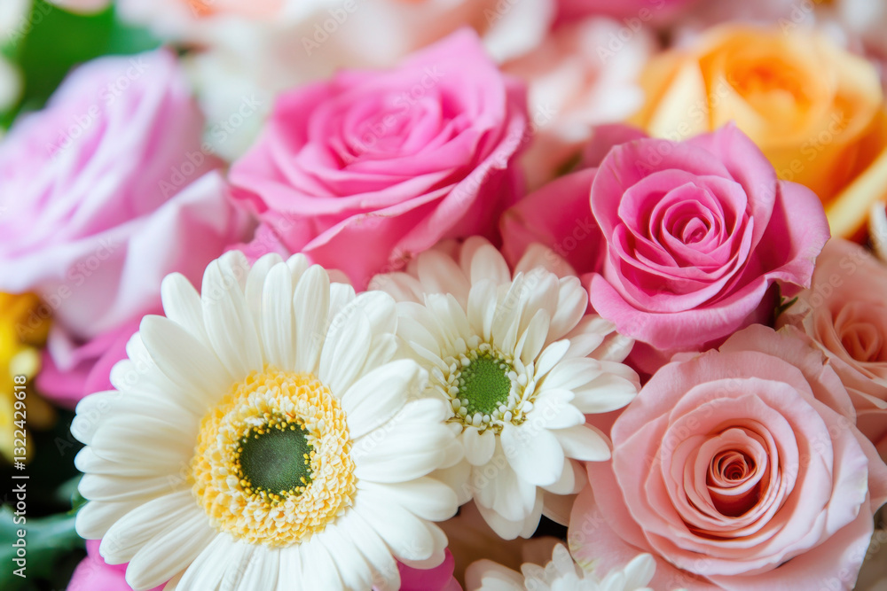 Fototapeta premium Bouquet of pink roses and white gerbera daisies creating stunning floral arrangement