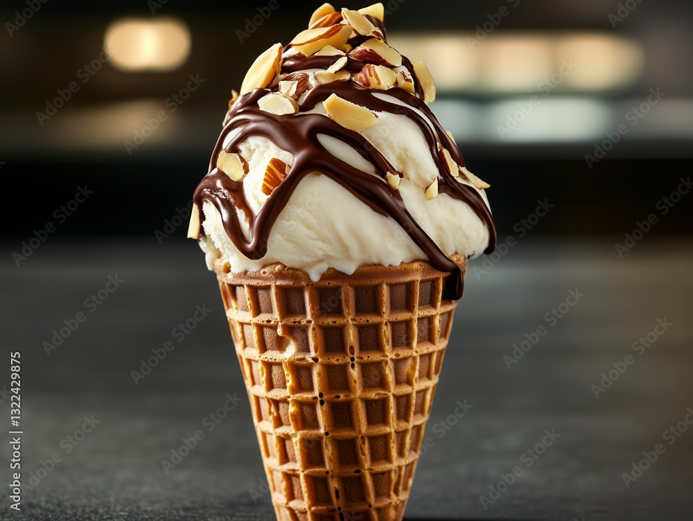 Indulgent Ice Cream Delight: A single scoop of vanilla ice cream, drizzled with rich chocolate sauce and topped with sliced almonds, sits gracefully within a crispy waffle cone.