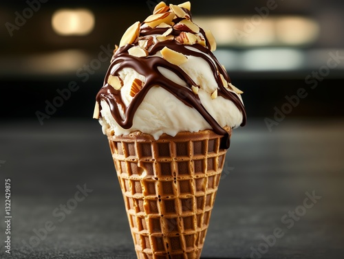 Obraz na płótnie Indulgent Ice Cream Delight: A single scoop of vanilla ice cream, drizzled with rich chocolate sauce and topped with sliced almonds, sits gracefully within a crispy waffle cone. w salonie