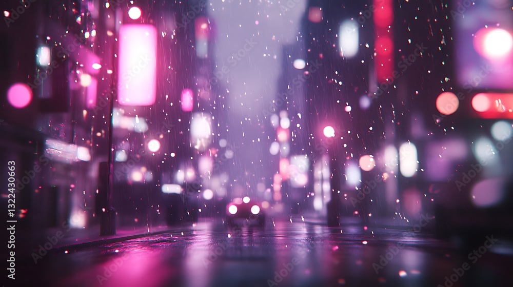 Obraz premium A vibrant, rainy city scene illuminated by colorful lights, creating a moody atmosphere.
