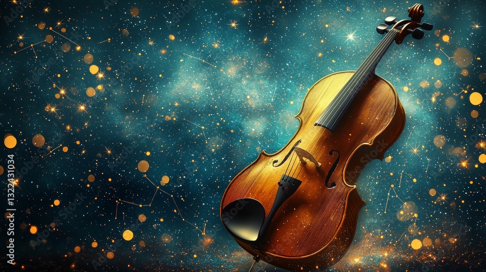 Fototapeta premium Violin rests gracefully against a starry night backdrop filled with shimmering cosmic elements